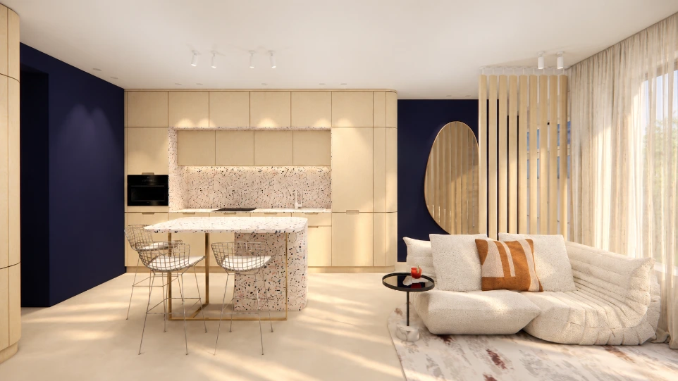 Cuisine et séjour avec mobilier sur mesure en bouleau