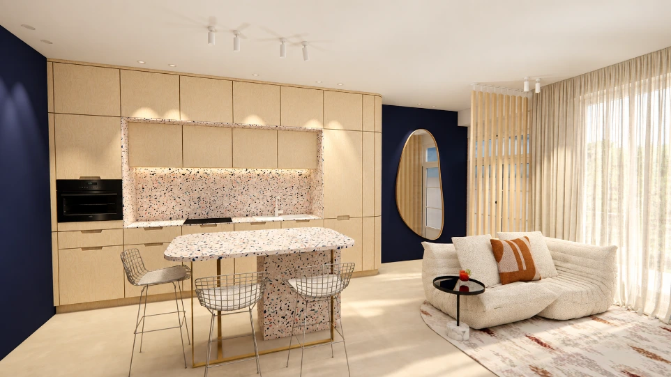 Cuisine sur mesure en bouleau et terrazzo – projet Malmedy
